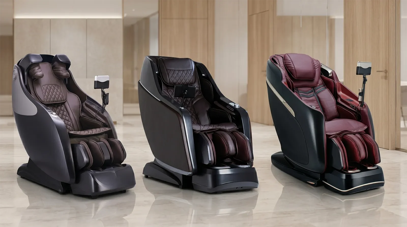 JPMedics Kaze Duo, Osaki JP-Nexus 4D, and Osaki OP-Master massage chairs shown side by side for comparison