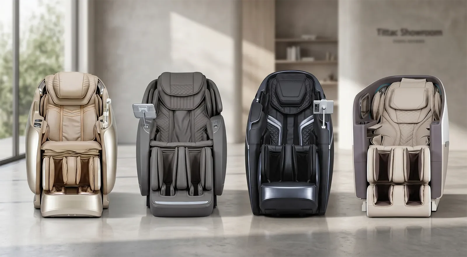 JPMedics Kaze Duo, Osaki Solis Duo, DuoMax, and Flagship Duo massage chairs shown side by side for comparison