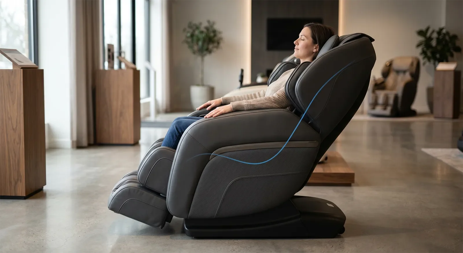 Đường L-Track trên ghế massage kéo dài xuống vùng hông và mông