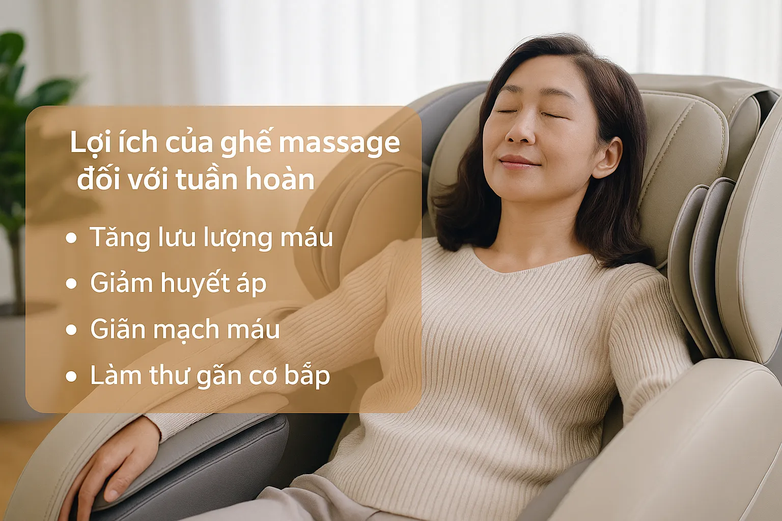 Infographic tiếng Việt với tiêu đề 'Ghế massage có cải thiện tuần hoàn không?', hiển thị hình ảnh một người phụ nữ thư giãn trong ghế massage. Phía bên trái liệt kê ba lợi ích: tăng lưu thông máu nhờ kỹ thuật xoa bóp, kích thích giãn mạch giúp giảm huyết áp, và hỗ trợ tuần hoàn thông qua túi khí và rung