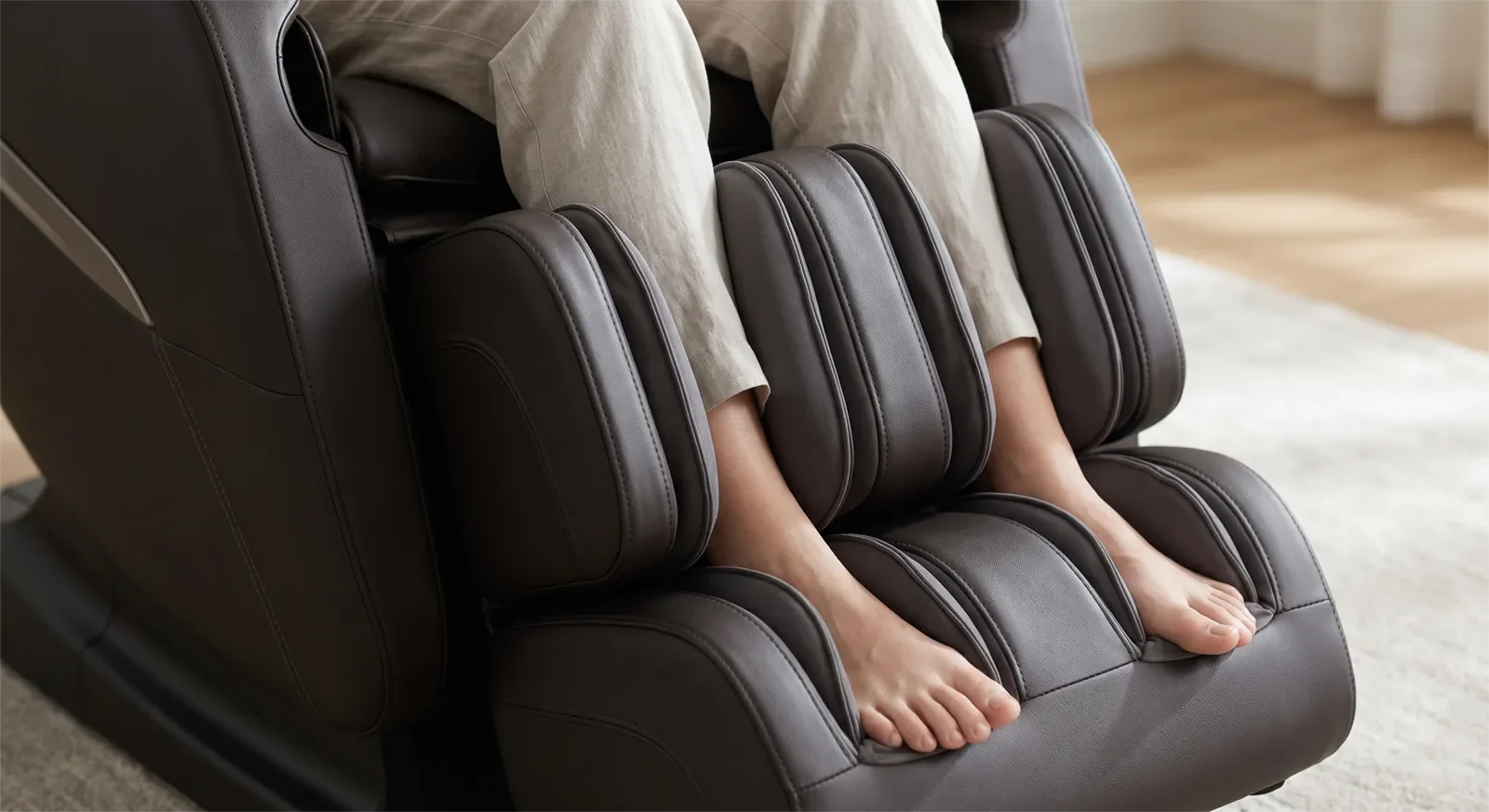 Bàn chân đặt trong footrest của ghế massage cao cấp, minh họa cảm giác foot rollers dưới lòng bàn chân mà không lộ rõ cơ chế con lăn