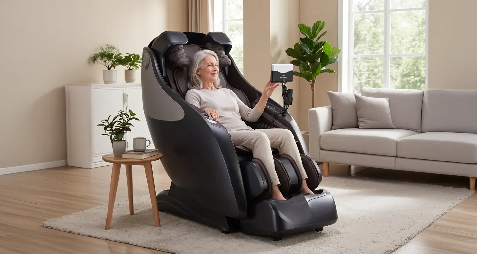 Người lớn tuổi ngồi thoải mái trên ghế massage cao cấp tại nhà với tư thế thư giãn và tự tin