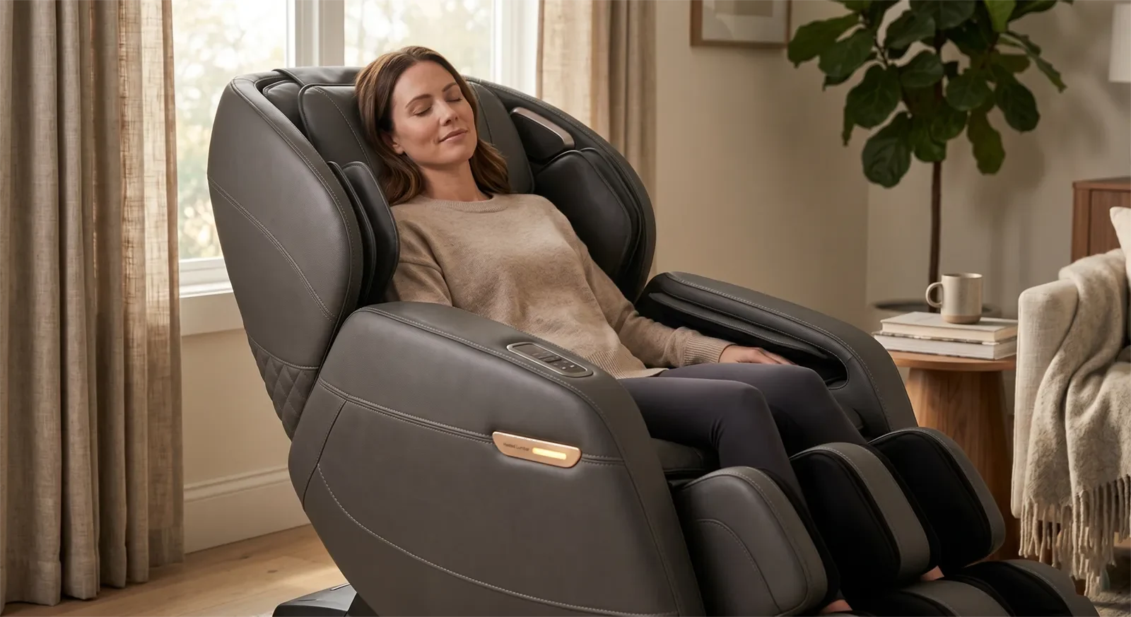 Ghế massage cao cấp minh họa lumbar heat tạo cảm giác ấm ổn định ở vùng lưng dưới