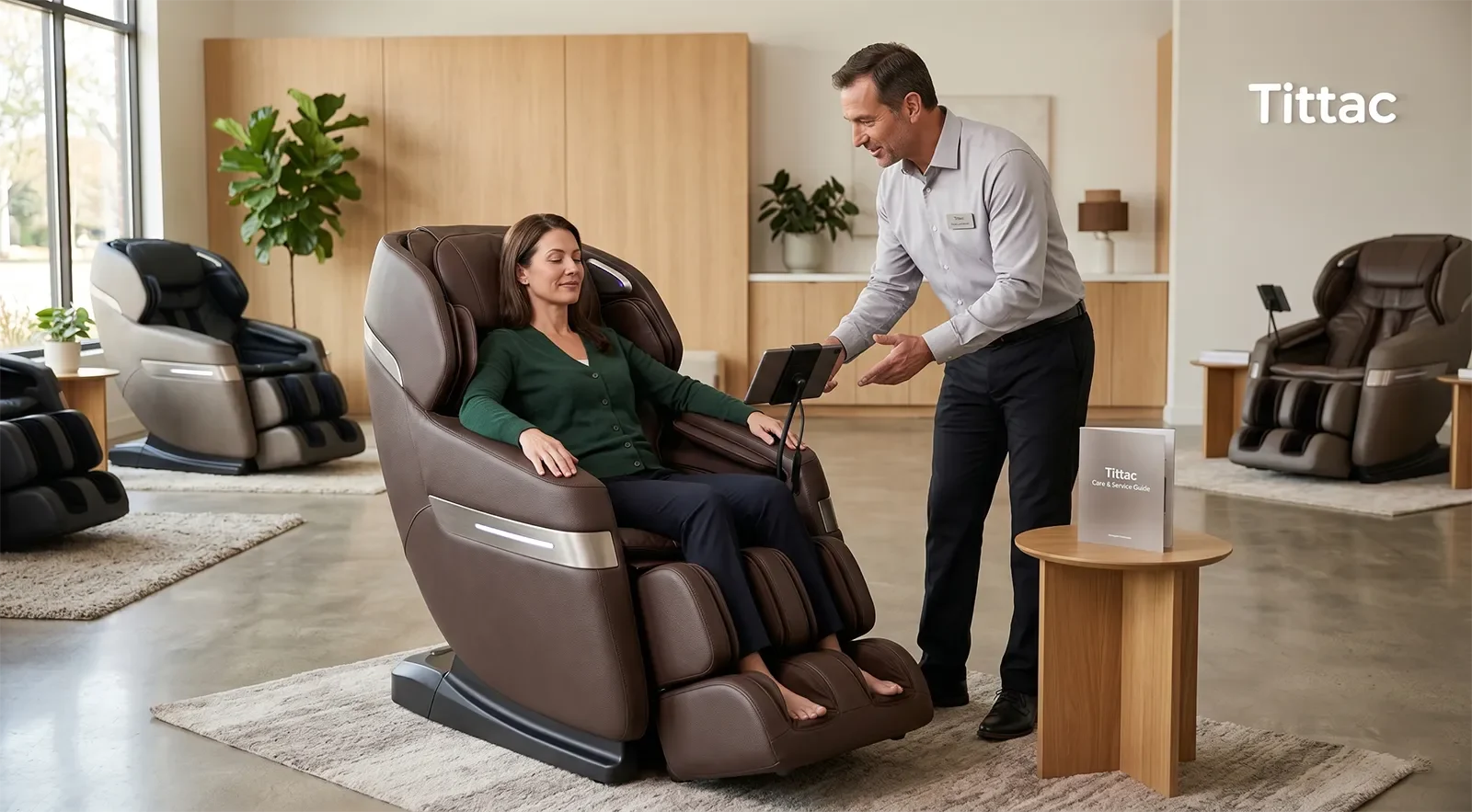 Customer testing a luxury massage chair with a product specialist in a showroom