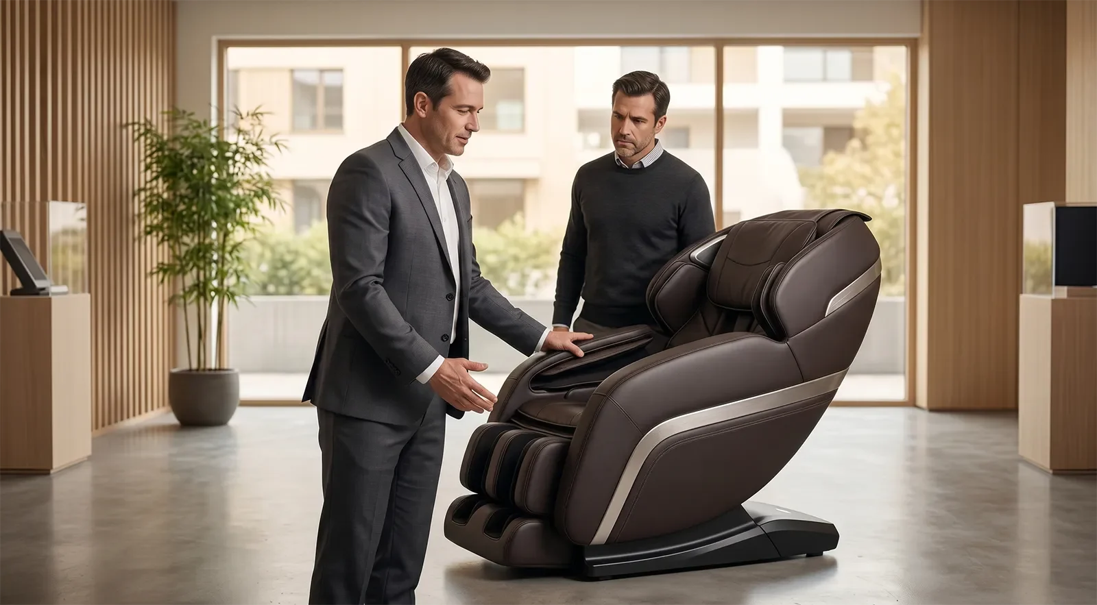 Premium massage chair showroom consultation focused on clear Made in Japan origin confidence
