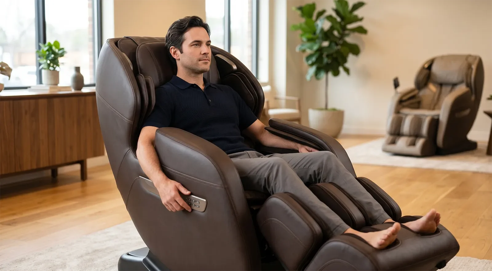 Khách hàng kiểm tra độ vừa cơ thể, vị trí vai, lưng, chân và cảm giác ngồi trên ghế massage cao cấp