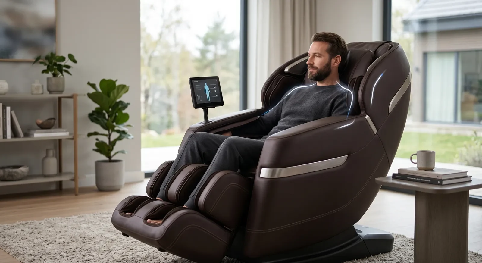 Ghế massage cao cấp trong phòng khách đang chuẩn bị quét cơ thể và xác định vị trí vai trước khi massage