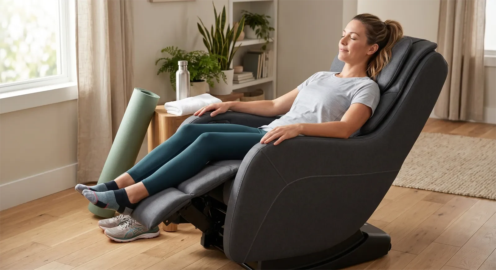 Người dùng thư giãn trên ghế massage trong không gian buổi tối yên tĩnh như một phần của routine trước khi nghỉ ngơi