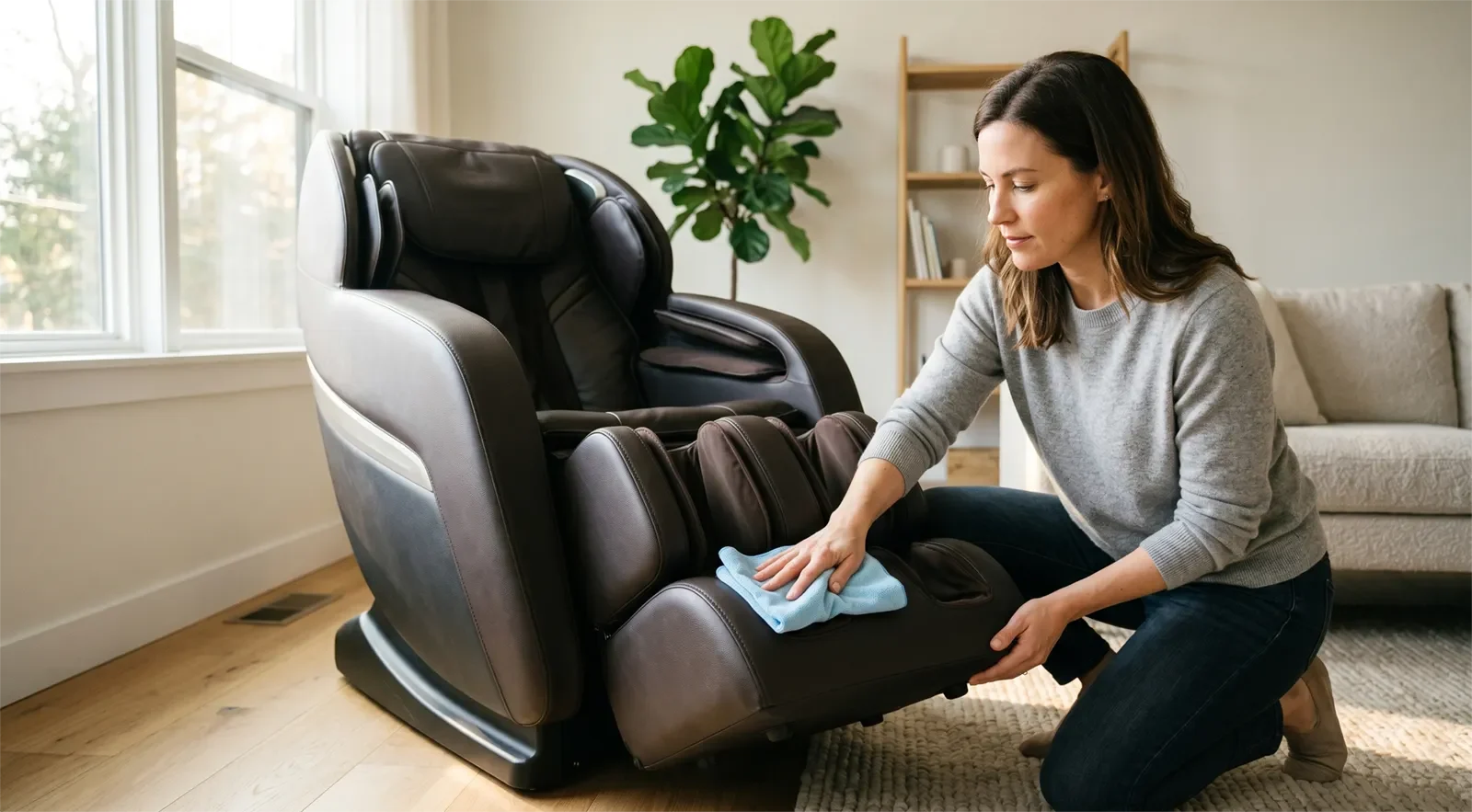 Người dùng vệ sinh nhẹ phần chân và bắp chân của ghế massage mà không tháo bộ phận