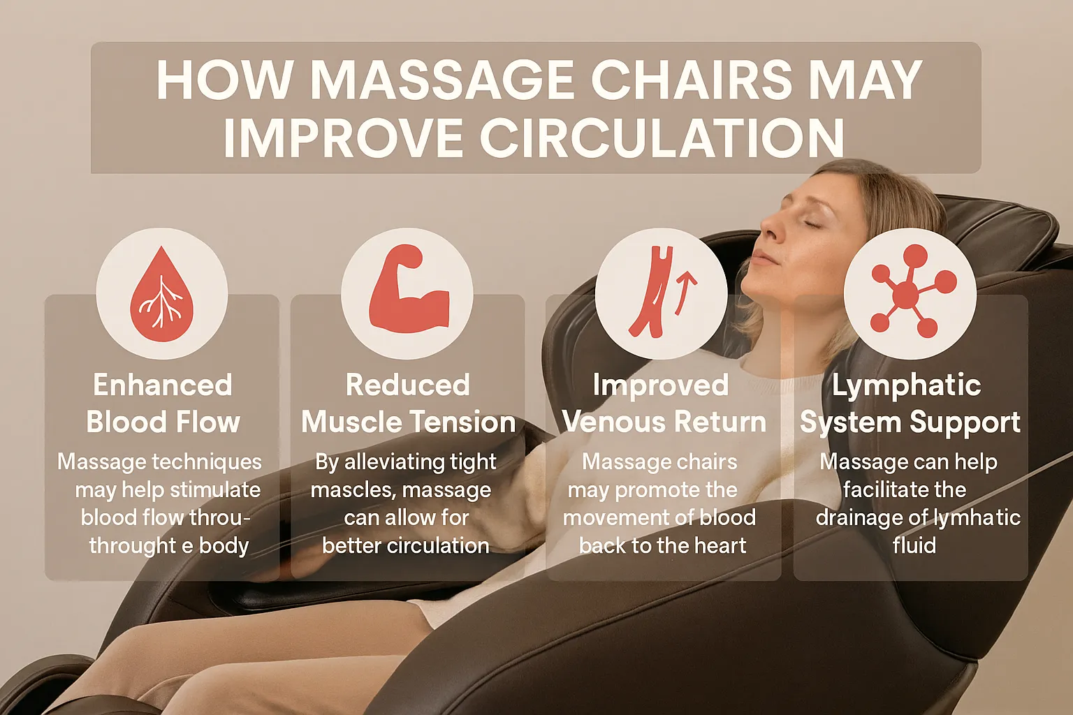 English infographic titled 'Can a Massage Chair Improve Circulation?' showing a relaxed young woman in a massage chair. The left side features three bullet points explaining that massage chairs improve blood circulation through kneading techniques, promote vasodilation to lower blood pressure, and use airbag and vibration functions to support circulation