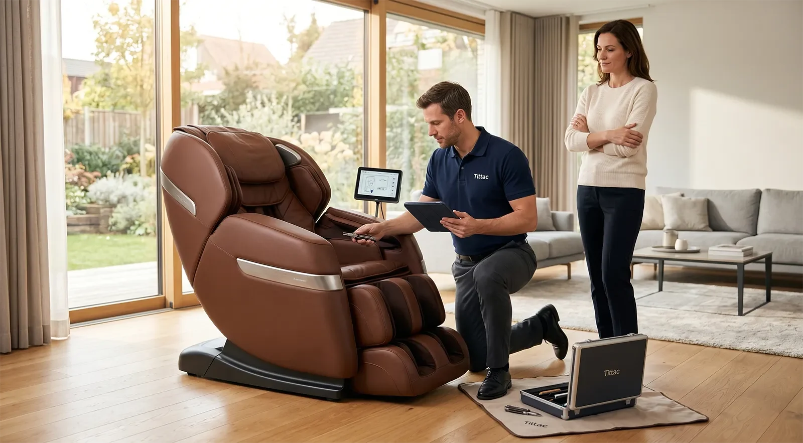 Kỹ thuật viên kiểm tra ghế massage tại nhà cho khách hàng