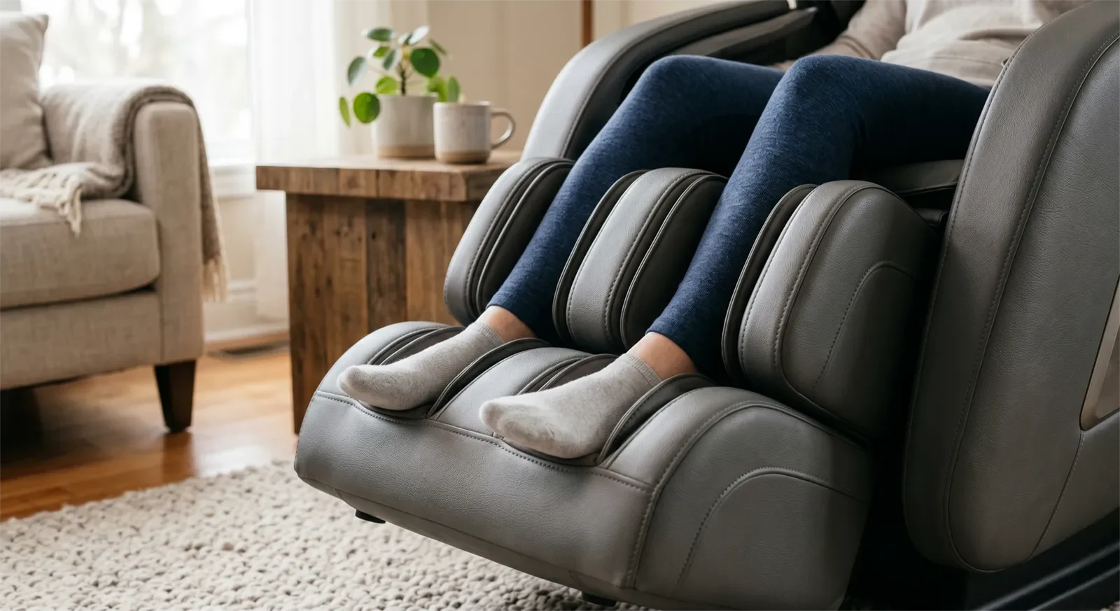 Cận cảnh phần massage bàn chân và bắp chân của ghế massage với túi khí và con lăn hỗ trợ cảm giác thư giãn chân