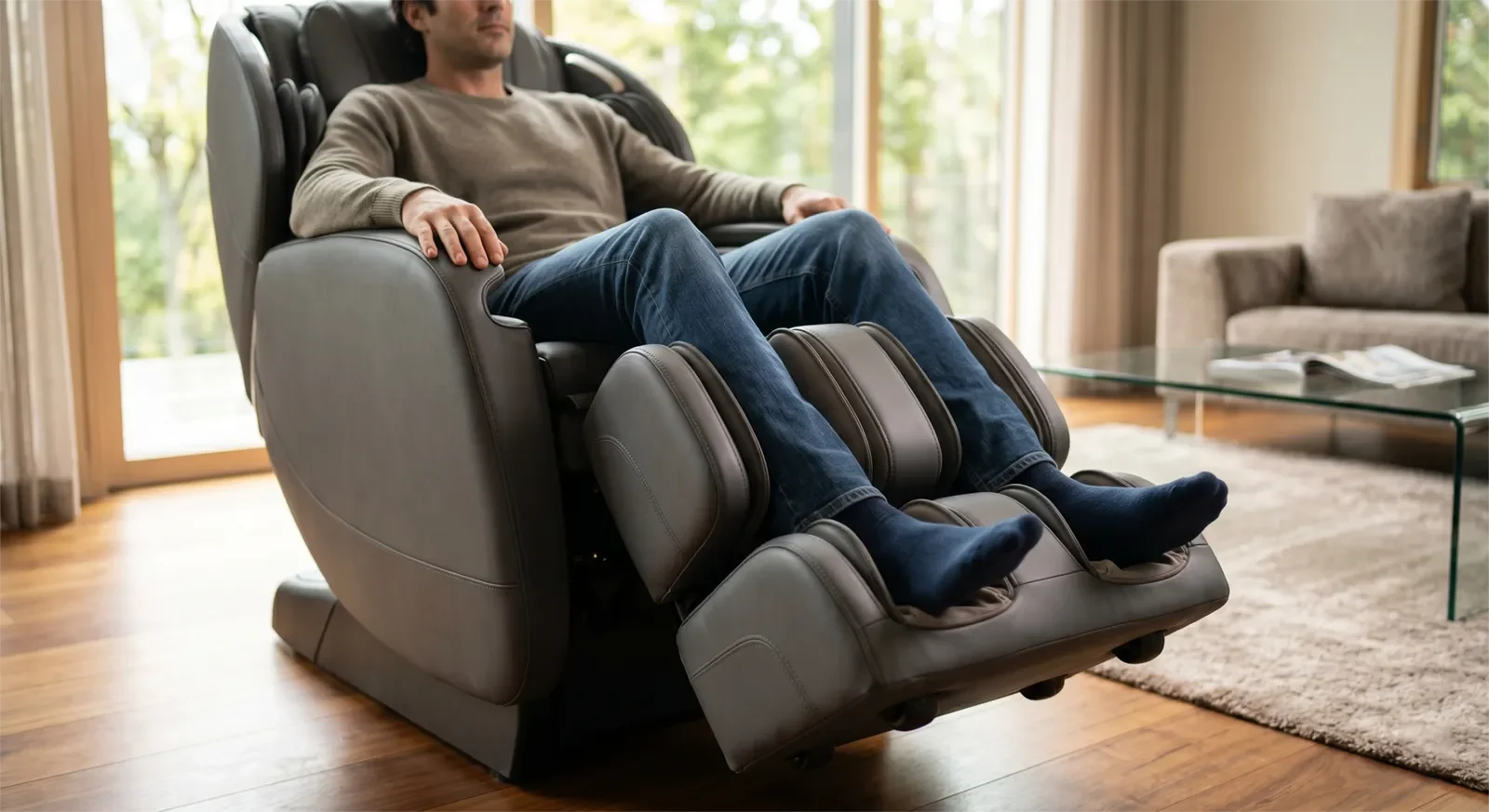 Massage chair leg extension and foot fit for a tall user