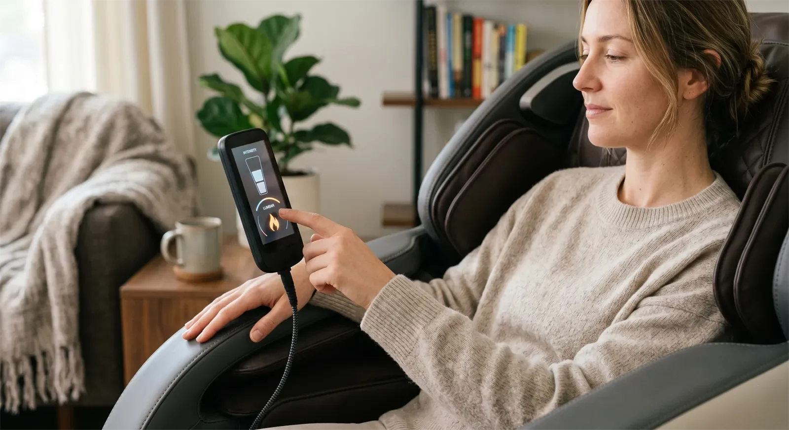 Person adjusting massage chair pressure and lumbar heat settings for comfortable lower back support