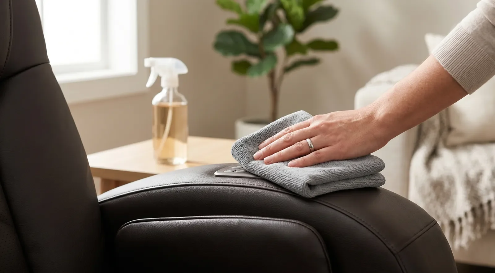 Cận cảnh lau bề mặt ghế massage bằng khăn microfiber và dung dịch vệ sinh nhẹ không nhãn