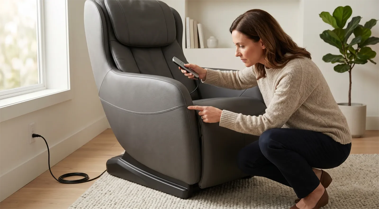 Người dùng kiểm tra đường may, remote và bề mặt ngoài của ghế massage để phát hiện hao mòn sớm
