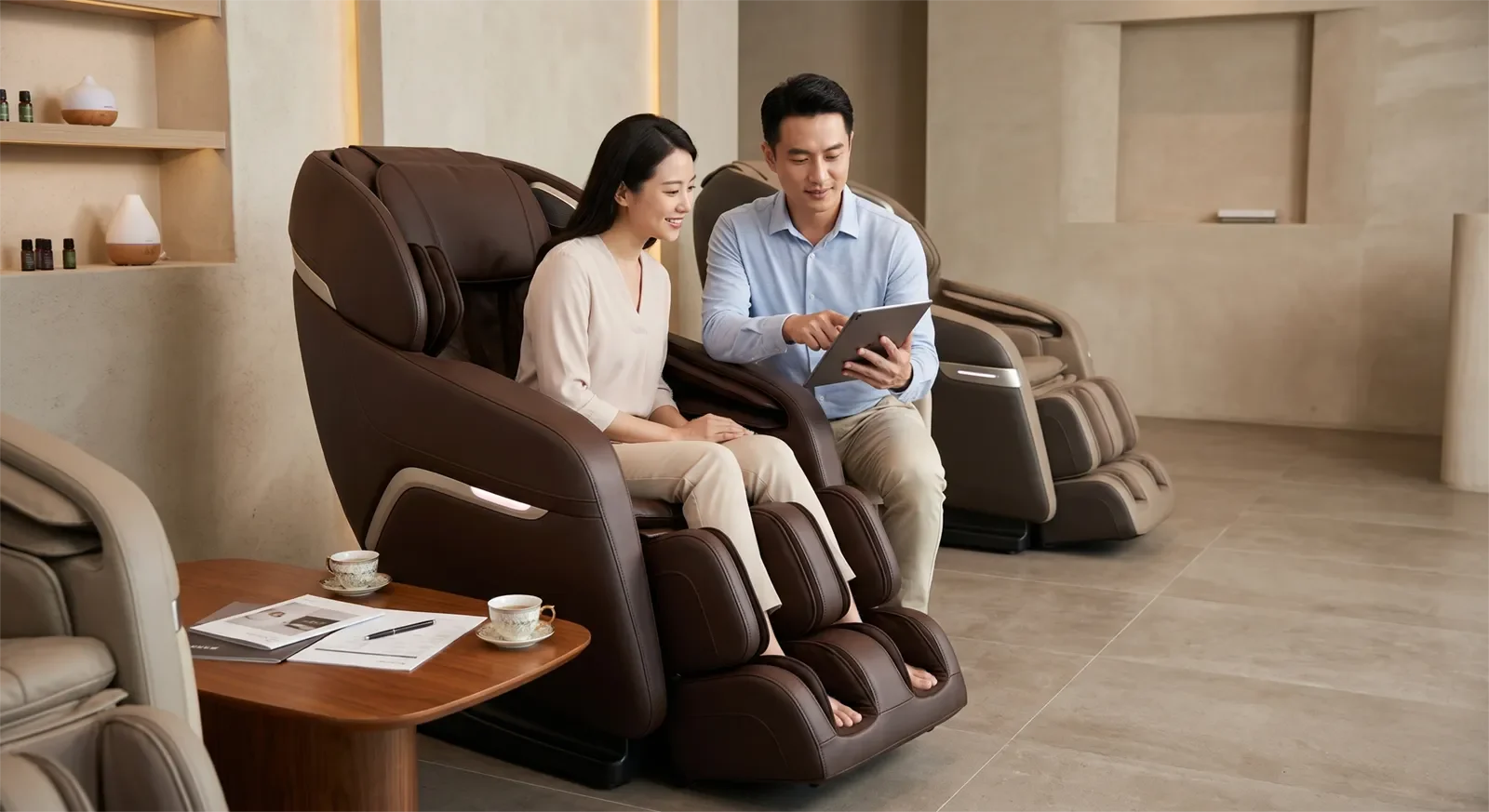 Người mua Á Châu hoàn tất quyết định trả thẳng khi mua ghế massage cao cấp trong showroom chuyên nghiệp