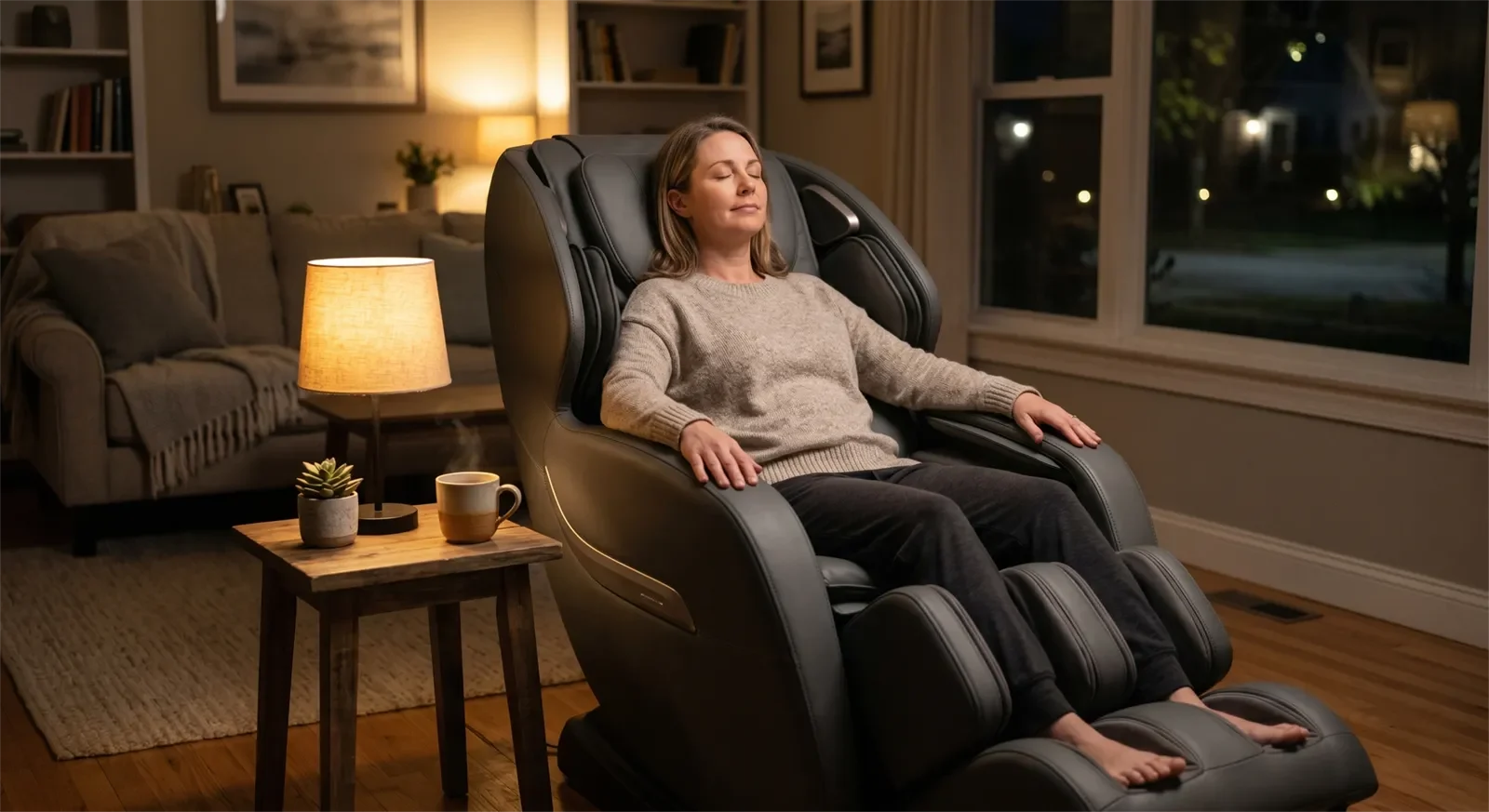 Người lớn thư giãn trên ghế massage sau vận động nhẹ như một cách hỗ trợ cảm giác phục hồi và giảm căng cơ tại nhà