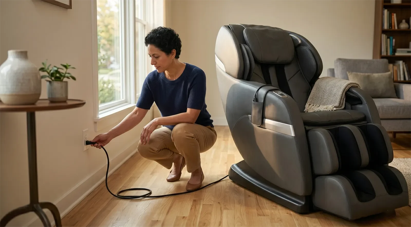 Người dùng kiểm tra dây nguồn và ổ cắm gần ghế massage một cách an toàn