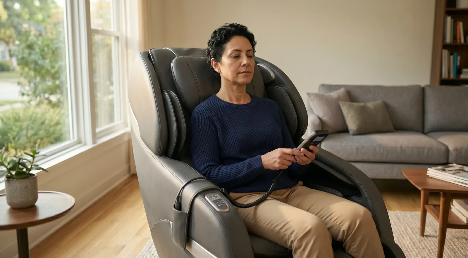 Người dùng ngồi sát lưng ghế để kiểm tra vị trí con lăn và độ thoải mái khi body scan
