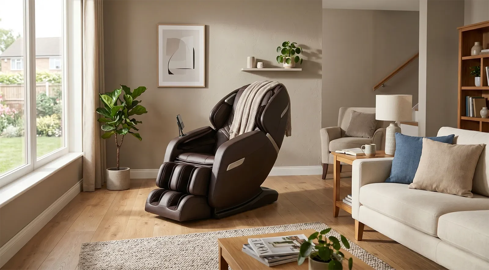 Ghế massage cao cấp đặt trong phòng khách gia đình với đủ khoảng trống đi lại và khoảng cách tường