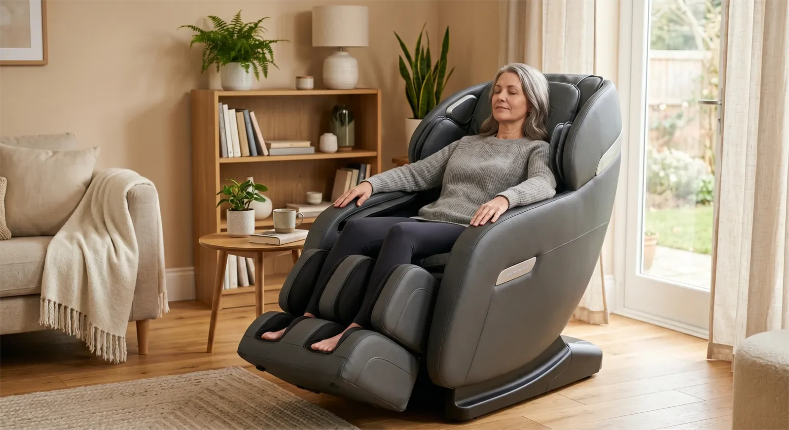 Người ngồi trên ghế massage ở tư thế ngả nhẹ tại nhà khi tìm hiểu cách dùng ghế massage thận trọng cho đau kiểu thần kinh tọa