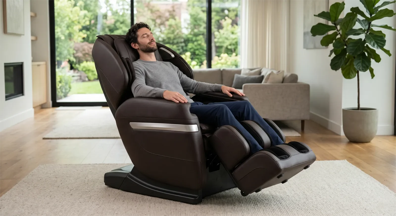 Tall user sitting in a massage chair with good seat width and full-body support