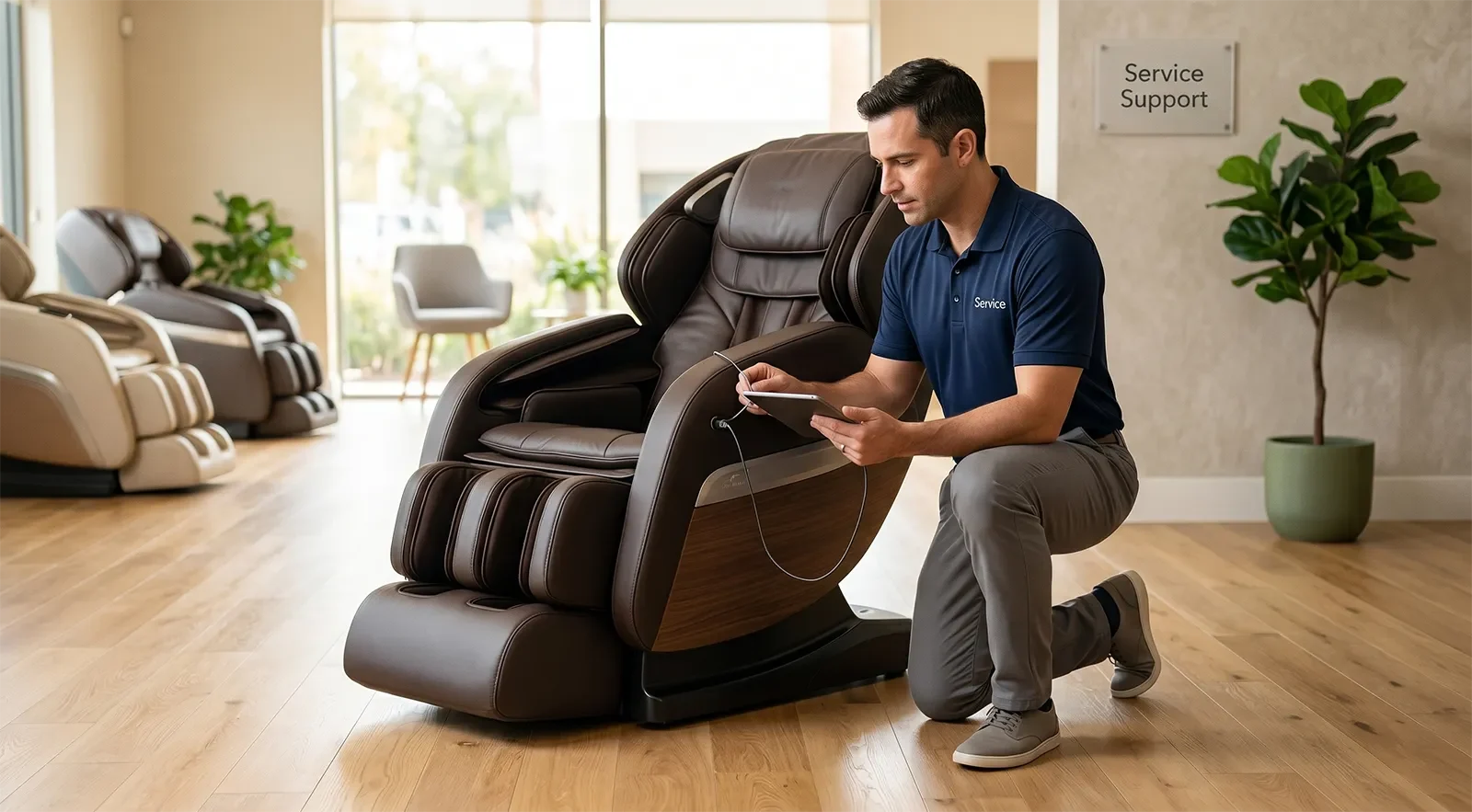 Nhân viên hỗ trợ kiểm tra ghế massage cao cấp để khách yên tâm hơn về bảo hành và dịch vụ sau mua