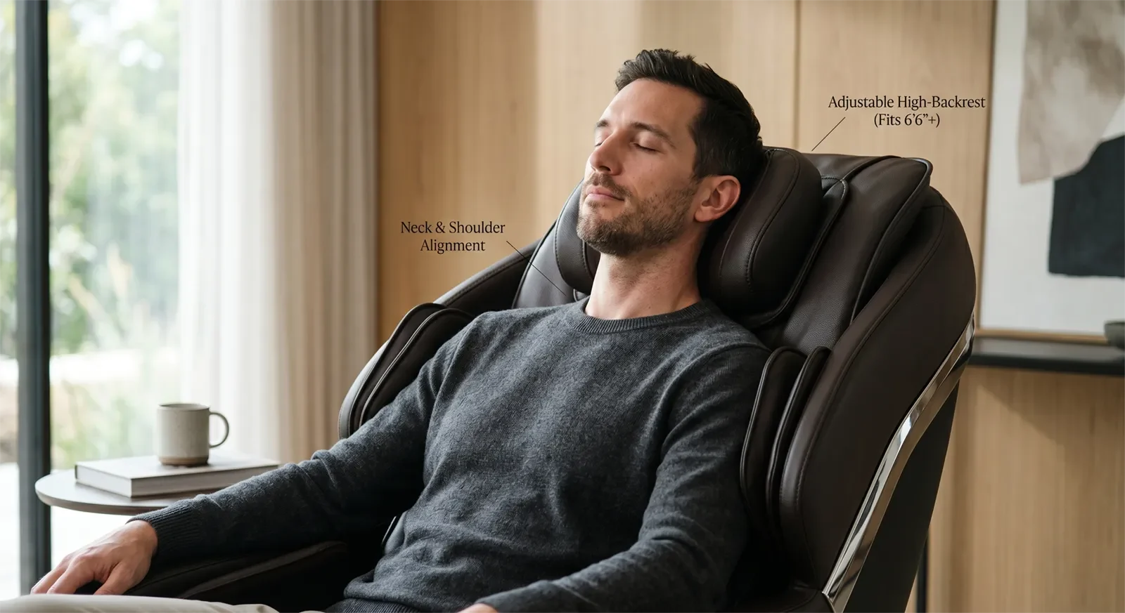 Tall user checking shoulder and neck fit in a massage chair