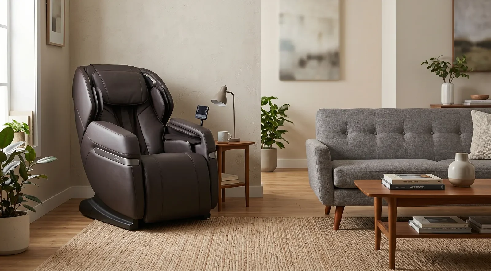 Ghế massage trong phòng nhỏ với khoảng trống hợp lý giữa sofa, tường và lối đi