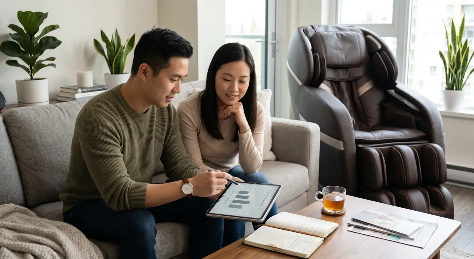 Asian couple comparing long-term spa visit costs with owning a premium massage chair at home