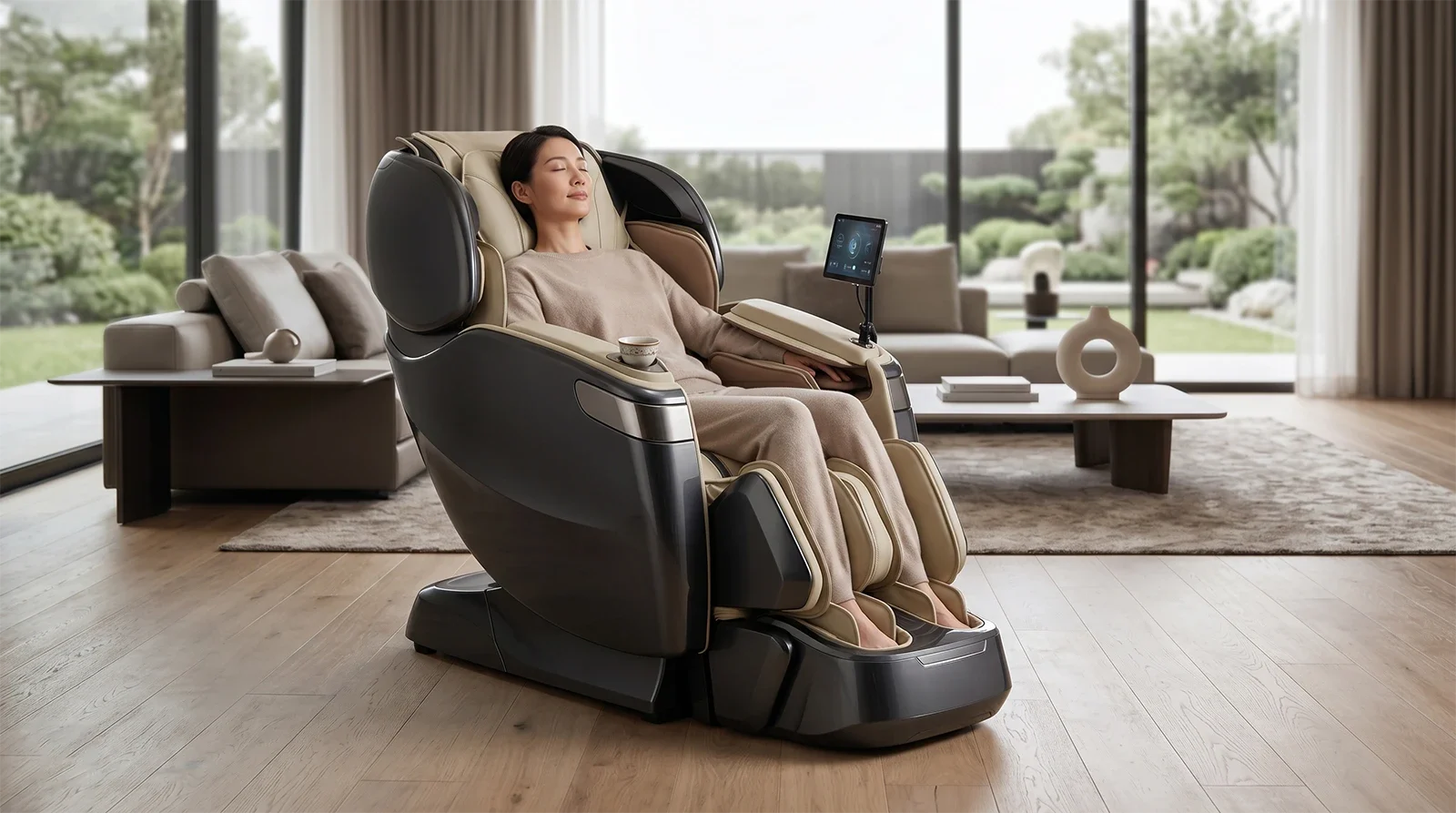 Person relaxing in the Ogawa 4D Fusion Master Drive massage chair in a premium living room