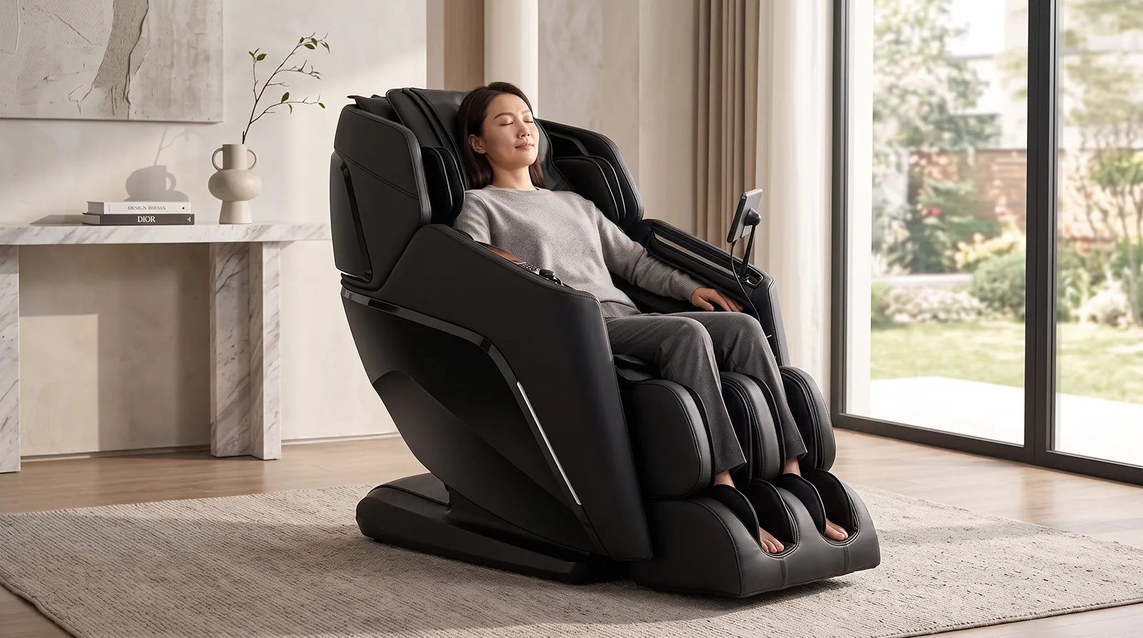 Người châu Á ngồi thư giãn trên ghế massage Ogawa Active XL 3D trong phòng khách hiện đại cao cấp