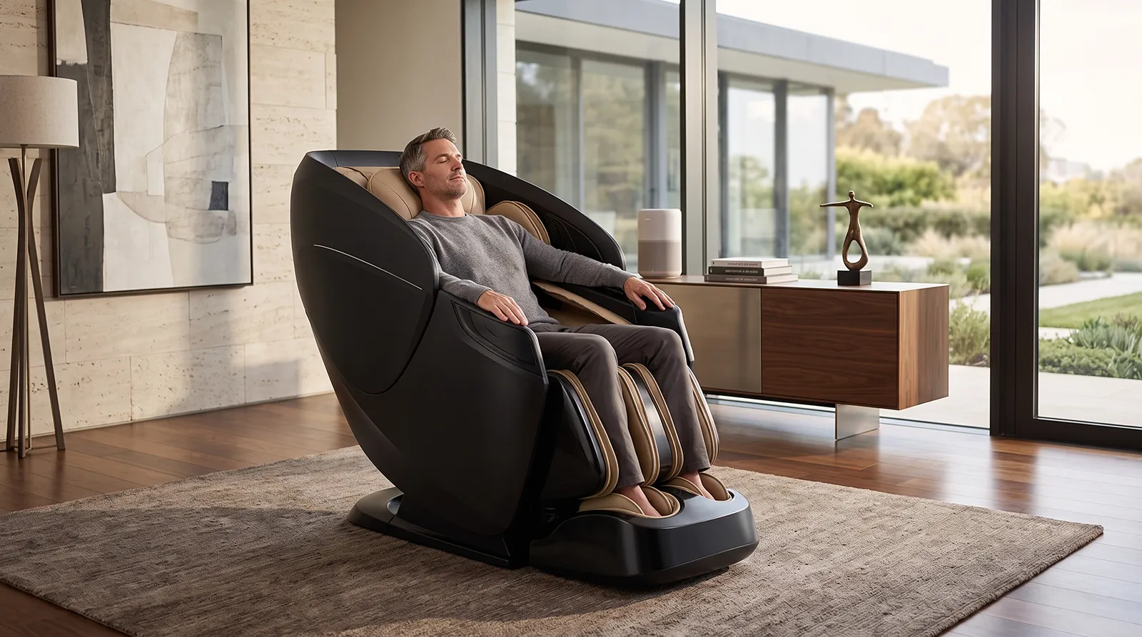 Asian adult relaxing in the Ogawa Active XL DUO massage chair in a modern upscale living room