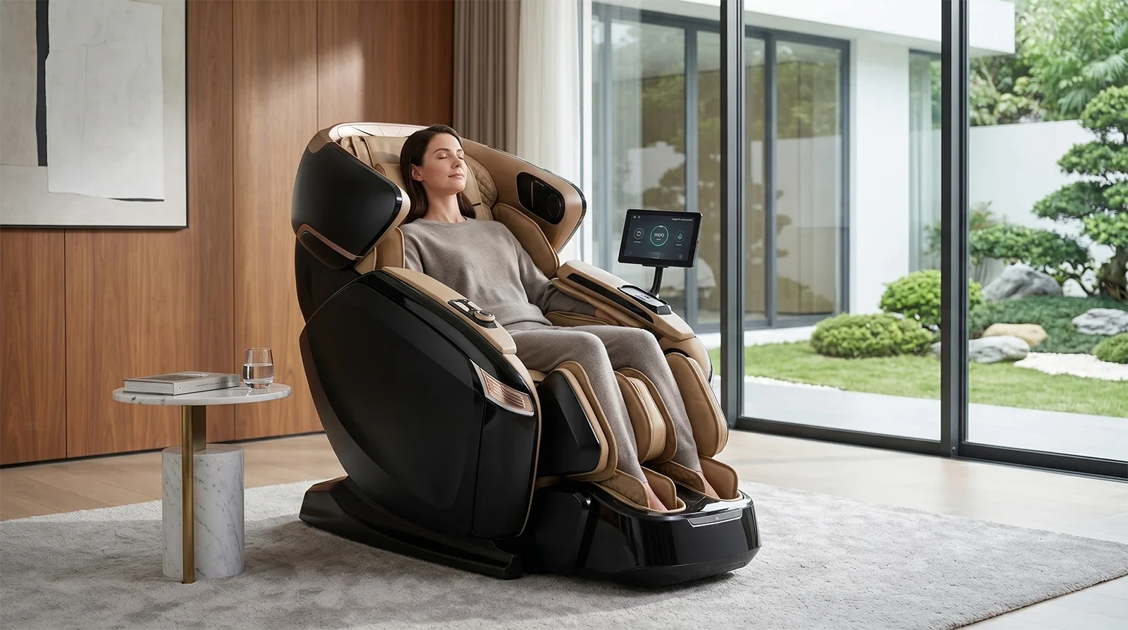 Người đang thư giãn trên ghế massage Ogawa BioVision trong phòng khách cao cấp