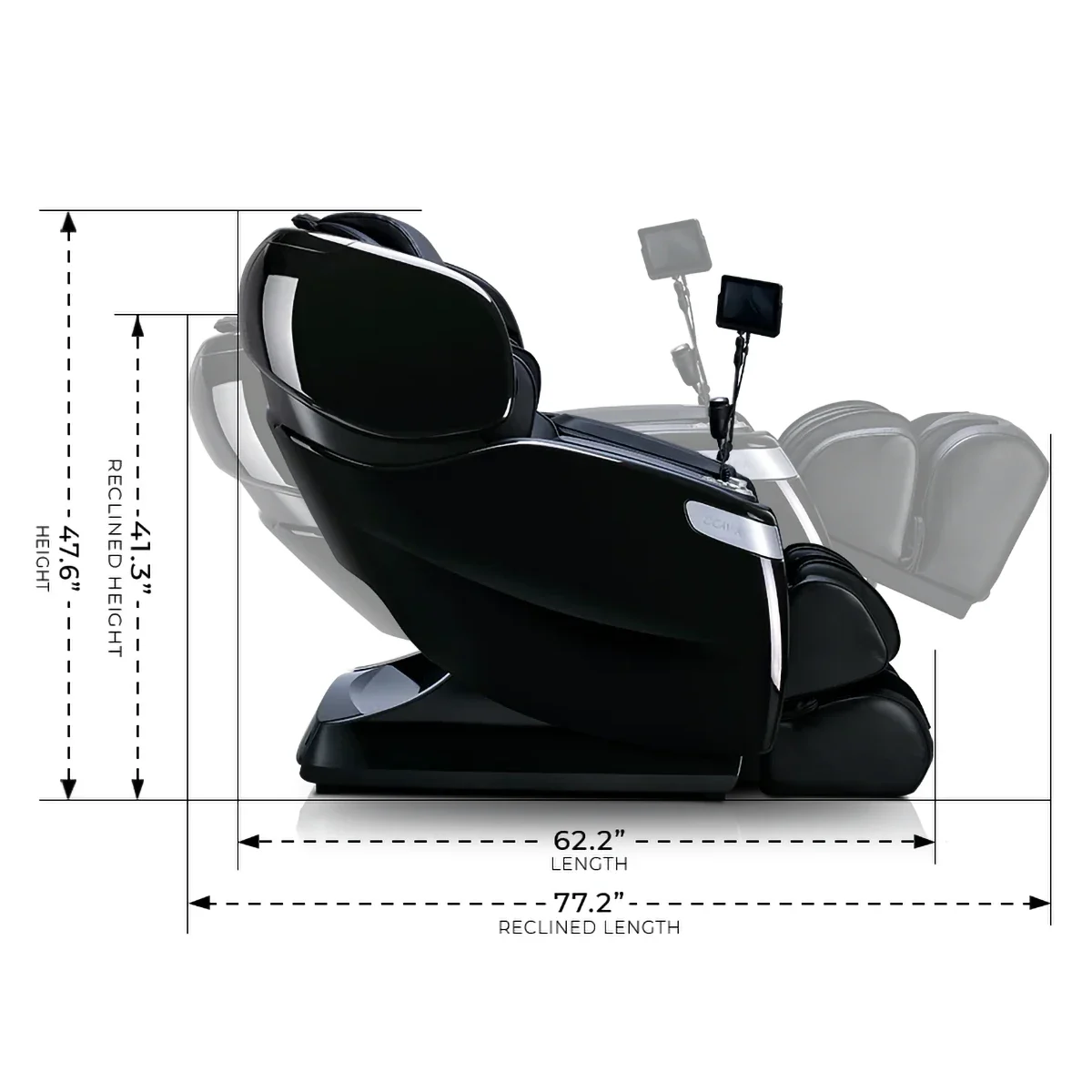 Ogawa Master Drive AI 2.0 side dimensions with upright and reclined length