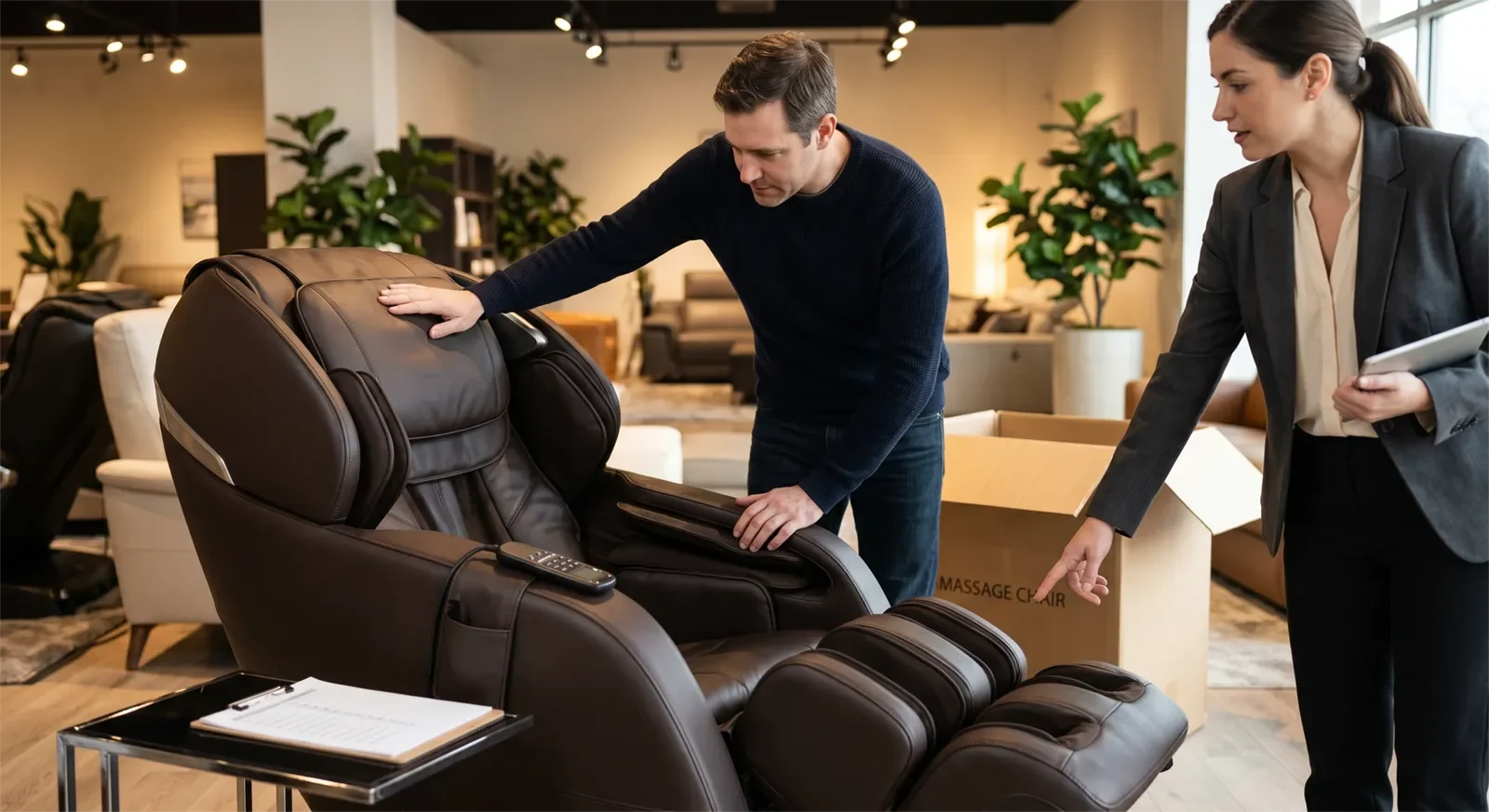 Người mua Mỹ kiểm tra tình trạng ghế massage hàng mở hộp cùng nhân viên tư vấn trong showroom cao cấp