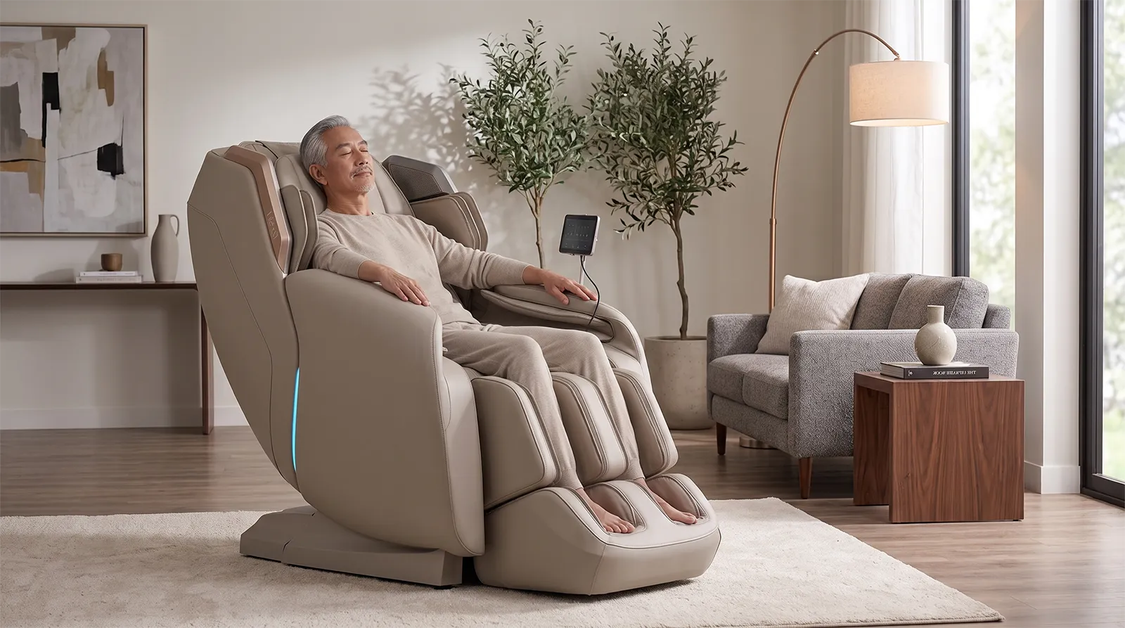 Tall adult relaxing in the oversized Osaki 4D Atlas XL massage chair in a modern living room