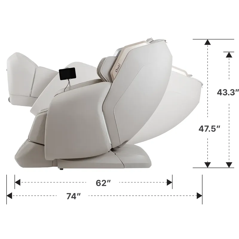 Osaki 4D Atlas XL side dimensions in upright and reclined positions