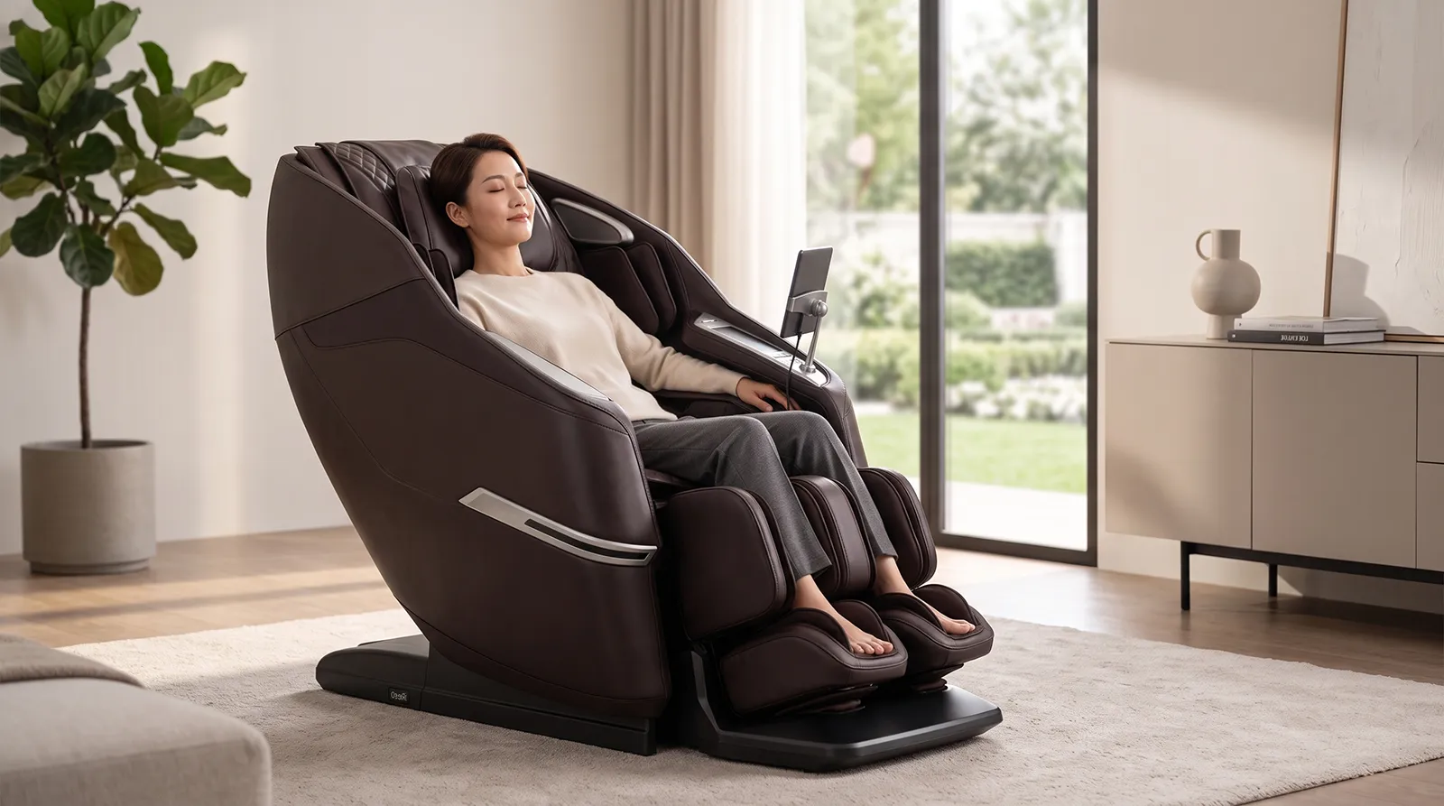 Người châu Á ngồi thư giãn trên ghế massage Osaki Aeris 4D Duo trong phòng khách hiện đại cao cấp