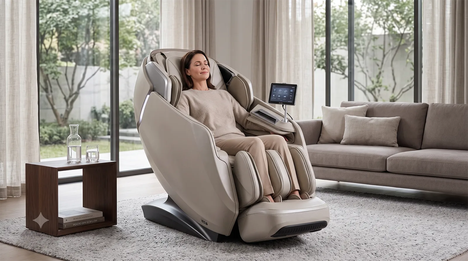American adult relaxing in the Osaki AI Avalon 4D massage chair in a premium modern living room