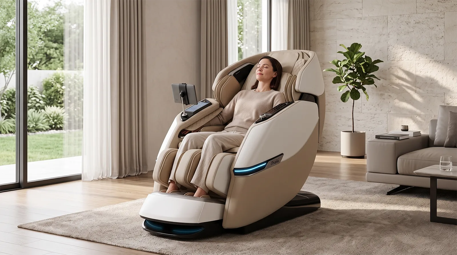 American adult relaxing in the Osaki AI Vivo 4D+2D massage chair in a modern living room