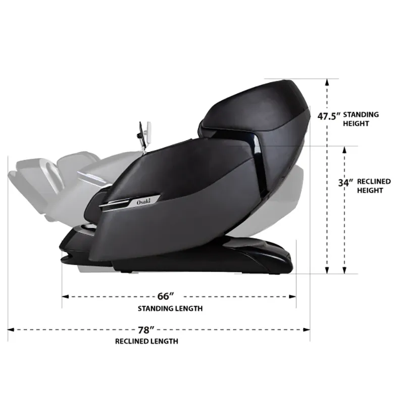 Osaki AI Vivo side dimensions showing upright and fully reclined chair measurements