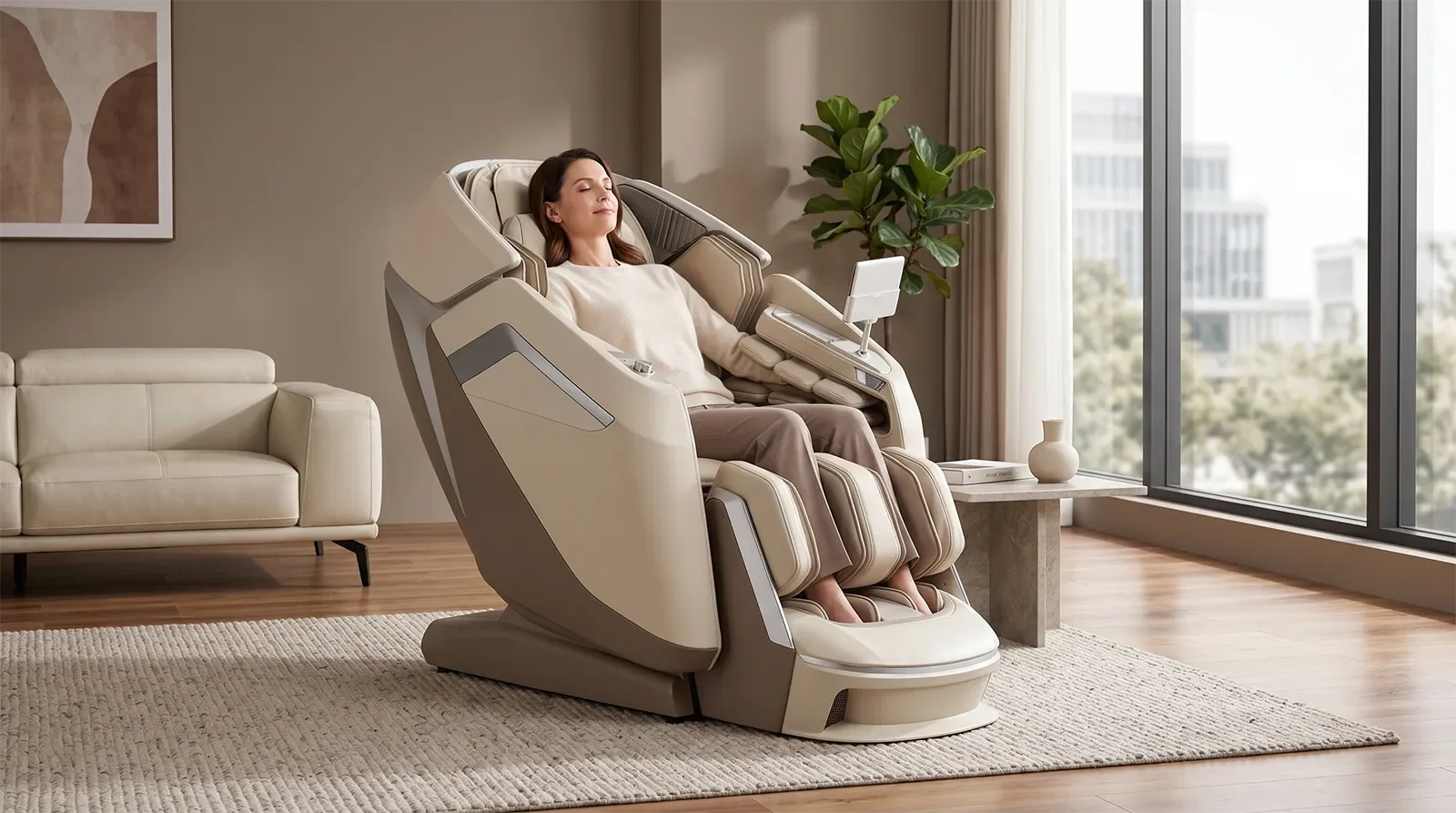 Adult relaxing in the Osaki Apex Duo 5D+4D massage chair in a luxury modern living room
