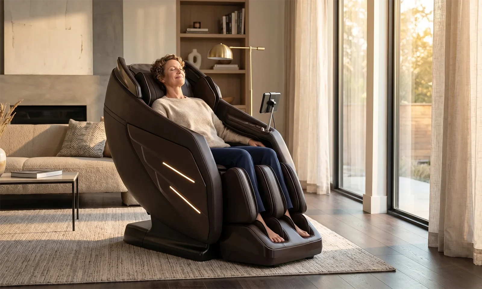 Người ngồi thư giãn trên ghế massage Osaki Champ 2 trong phòng khách hiện đại cao cấp