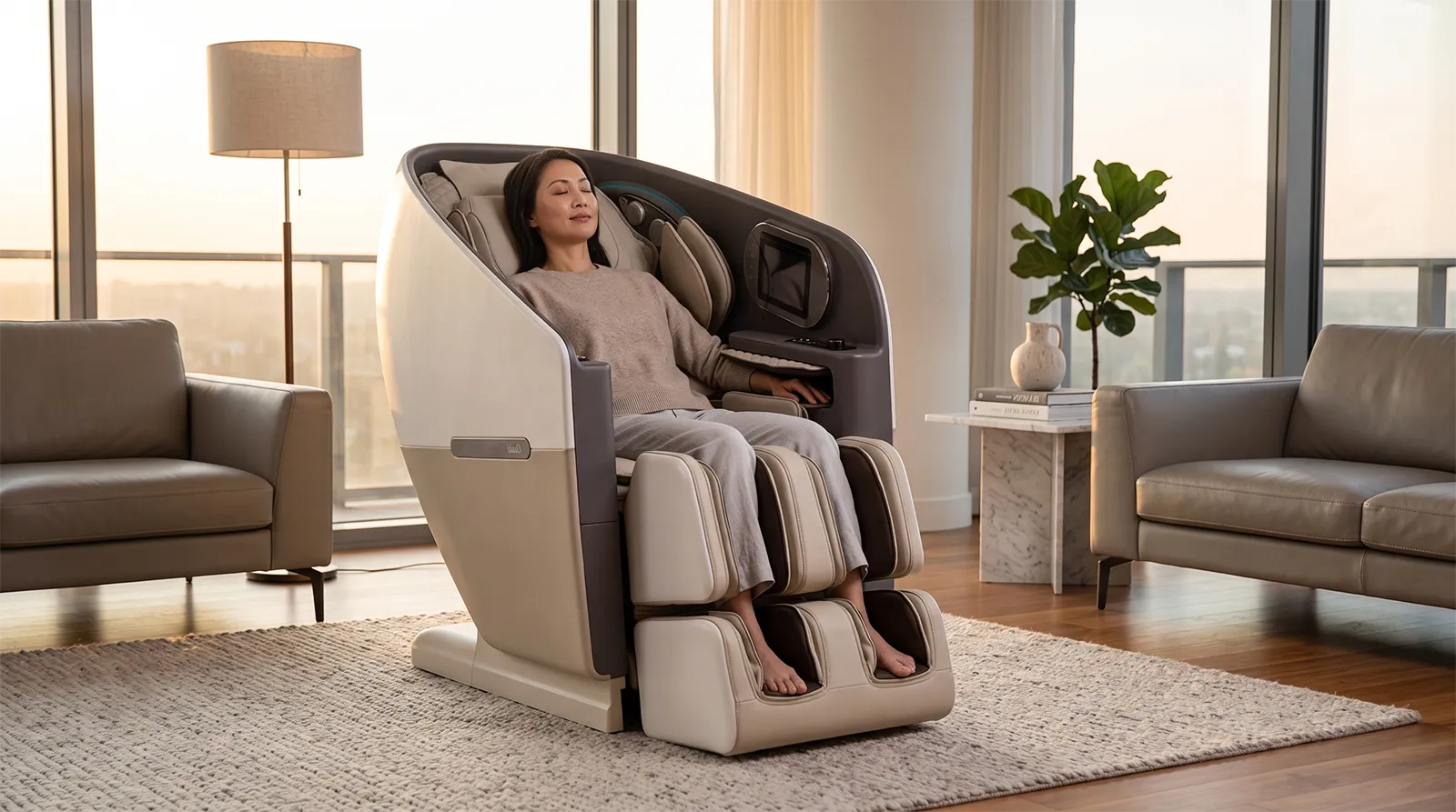Người châu Á ngồi thư giãn trên ghế massage Osaki Flagship Duo trong phòng khách sang trọng hiện đại