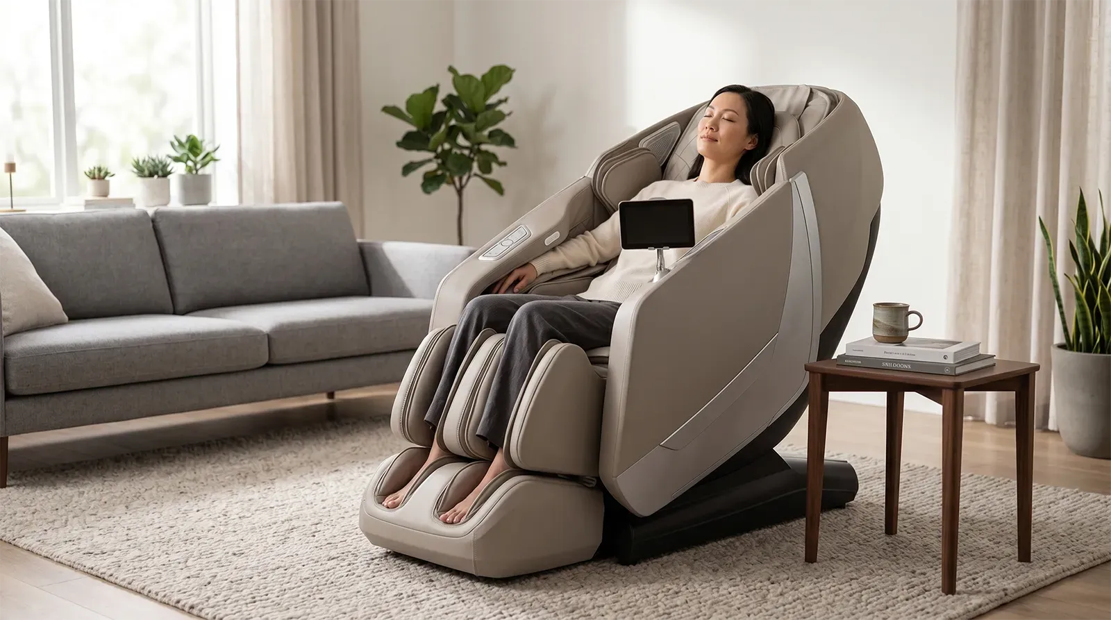 Asian woman relaxing in the Osaki Kairos Duo 5D+4D massage chair in a modern living room