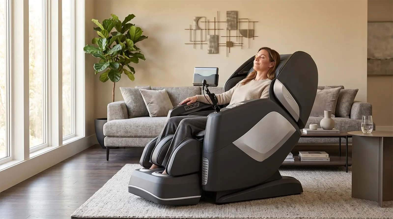 Adult relaxing in the Osaki Maestro LE 2.0 massage chair in a premium modern living room