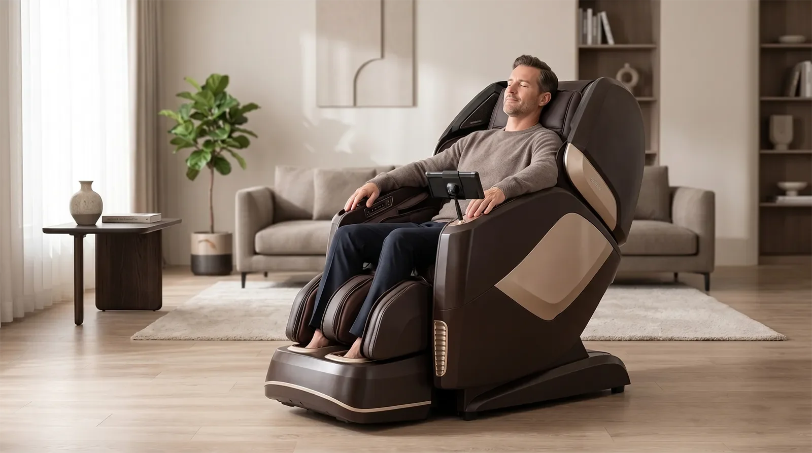 American adult relaxing in the Osaki OS-4D Pro Maestro LE massage chair in a premium modern living room