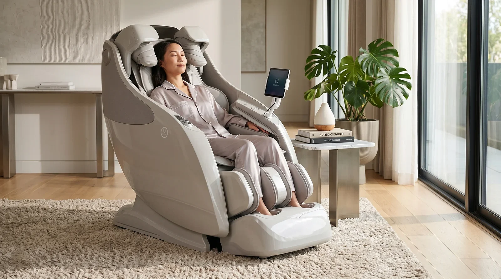 Người ngồi thư giãn trên ghế massage Osaki OP-Master trong phòng khách cao cấp